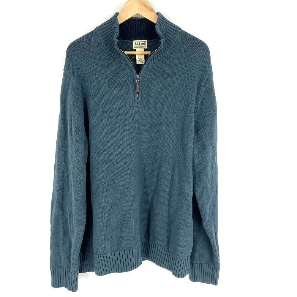 LL Bean Sweater Size Large Mens Blue Double L Quarter Half Zip Pullover Cotton